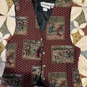Unique vintage 90s burgundy Victorian golfing scene tapestry vest.